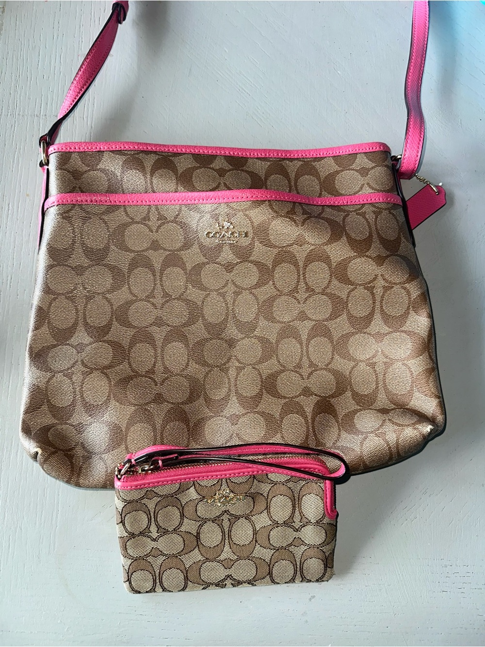 Coach Signature Canvas Crossbody with Pink Trim and Wristlet